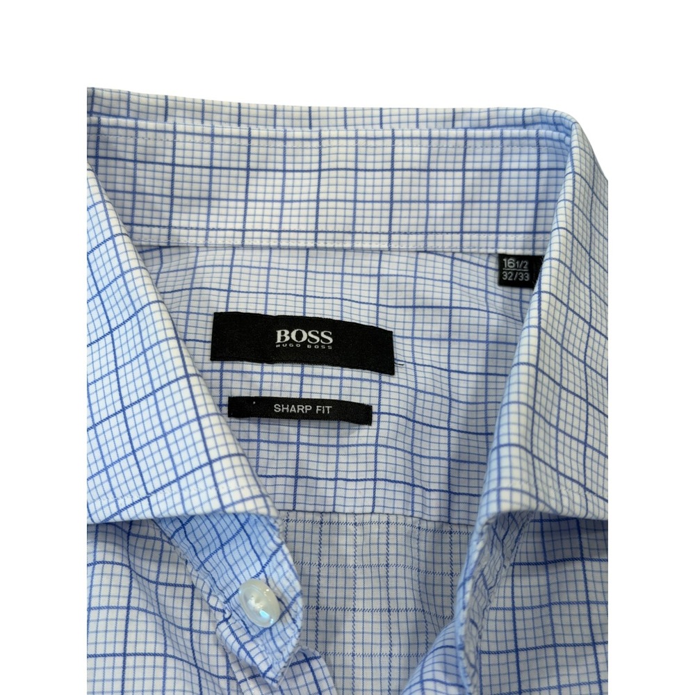 Hugo Boss Dress Shirt Mens 16.5 32/33 Blue White Sharp Fit Graph Check Button Up - Picture 3 of 8